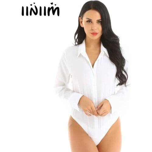 Womens Office Bodysuit Shirt Lady Turn-down Collar Long Sleeve Button Down Rompers Bodysuit Shirt for Night Parties Clubwear