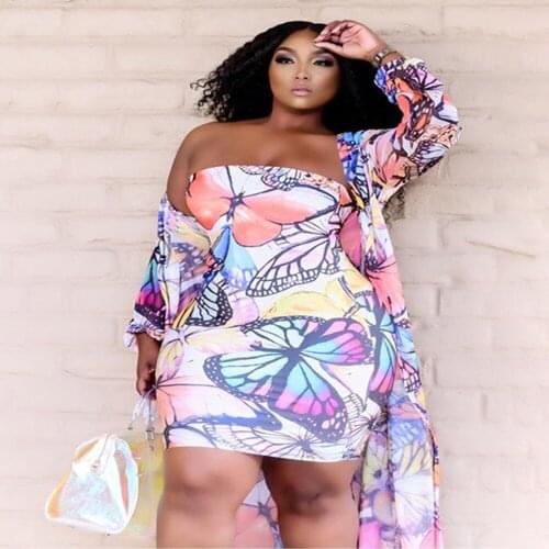 Plus Size Sets Women Wholesale Butterfly Print Sexy Off Shoulder Dress Long Style Cloak Fashion Streetwaer Summer Dropshipping