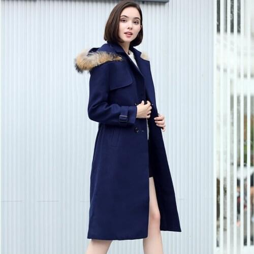 Winter Belted Wool Coat Women Fur Hooded Long Sleeve Woman Winter Coats and Jackets Double Breasted Trench Coat for Women