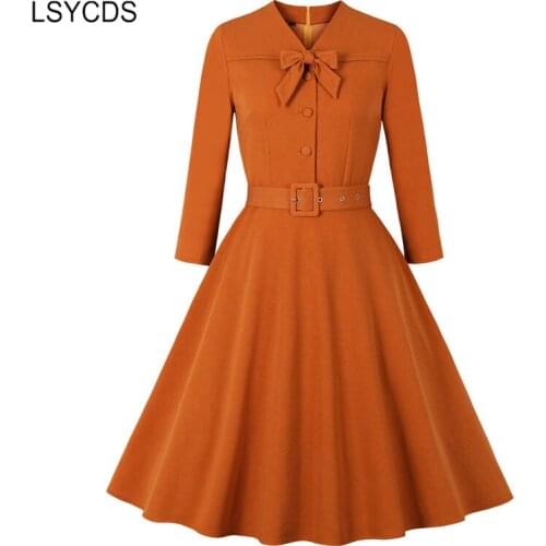 LSYCDS 2021 New Women Vintage Dress Solid High Waist Bow Rockabilly Elegant Clothing Long Sleeve A-Line Autumn Winter Dresses