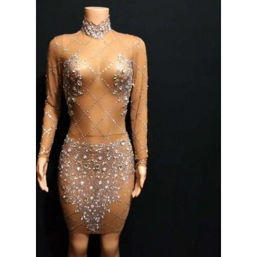 2020 Sparkly Crystals Mesh Perspective Dress Evening Party Dresses Birthday Celebrate Costume Singer Performance Dance Dress