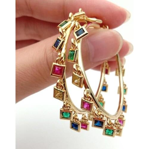 40mm gold filled with rainbow multi color cz charm Circle Hoop earrings Bohemia Bohe Steampunk Ear Clip korean Earrings