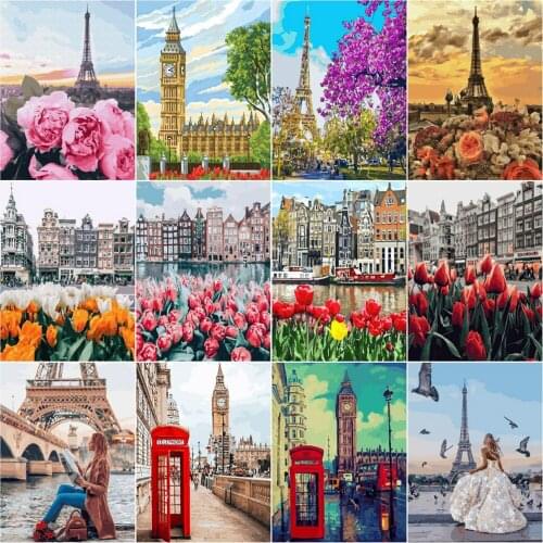 AZQSD Coloring By Number City Landscape Handpainted Modern Wall Art Painting By Numbers Canvas Tower Kits Acrylic Unique Gifts