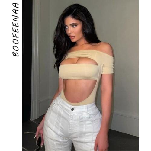 BOOFEENAA Cutout Off Shoulder Bodysuit Kylie Inspired Sexy Tops for Women Summer 2021 Club Festival Clothing Nude Black C66-BD15