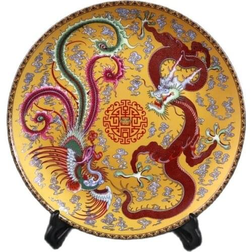 Jingdezhen pottery powder color dragon and phoenix pattern appreciation plate home living room ornaments