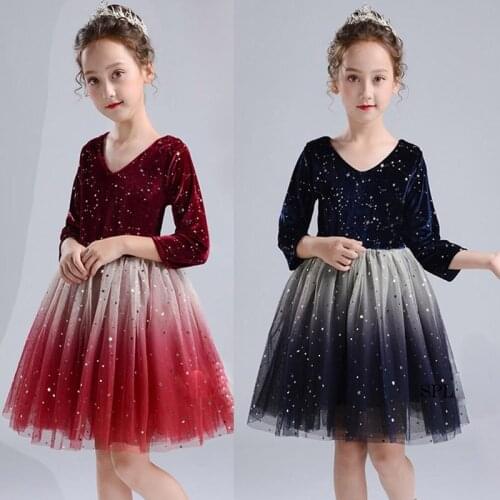 Children Starry Sky Velvet Mesh Pleated Tutu Dress For Girls Wedding Party Princess Dress Performance Dance Costume 4 -14 Years