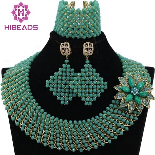 Exclusive Solid Green Crystal Chunky Statement Necklace Set Gold Dubai Women Bridal Jewelry Set Free Shipping WA750