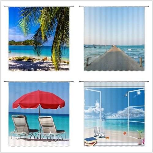 Landscape Shower Curtains Summer Hawaii Beach Island Surf Coconut Tree Leisure Bathroom Decor Waterproof Cloth Curtain Set