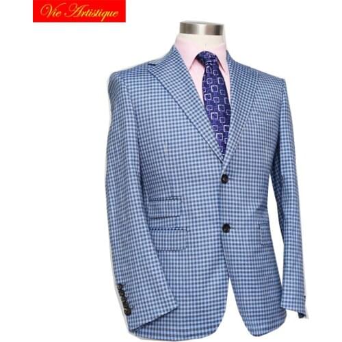 Custom tailor made Mens bespoke suits business formal wedding ware bespoke Jacket coat fine wool slim fit sky blue lattice