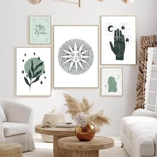 Tarot Hand Print Mystical Gallery Wall Art Canvas Painting Green Boho Decoration Picture Witchy Poster Fortune Teller Room Decor