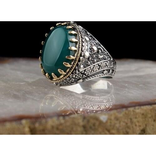 Natural Green Quartz Stone 925 Silver Engraved Traditional Ring Handmade Turkish Signet Rings Rock Jewelry Gift for Women Men