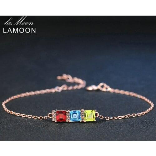 LAMOON 4mm Natural Green Peridot Bule Topaz Red Garnet 925 Sterling Silver Jewelry S925 Charm Bracelet LMHI020