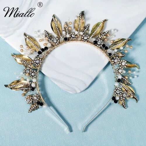 Miallo Handmade Leaf Crown Headband Pearl Hair Jewelry Rhinestone Hair Accessories for Women Party Gold Tiaras and Crowns Gift