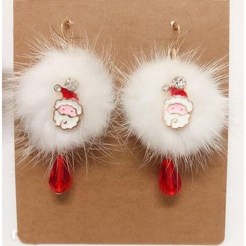 Fashion Jewelry Rhinestone Dangle Earrings Santa Claus White Fur Ball Pendients Drop Earrings For Women Girl Gift