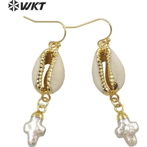 MPE058 Unique vintage boho style natural cowrie shell earrings with cross pearl hoop earrings gold electroplated shell earrings