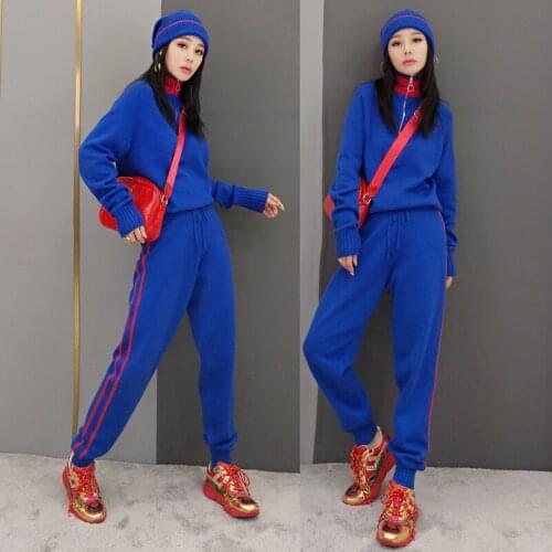 2020 Blends Full Drawstring Sequined New Winter Fashion Knitted Suits Women Suit Casual Navy Turtleneck Pants Two-piece