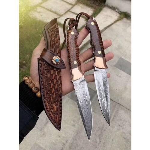 VG10 Damascus steel hunting knife Strong outdoor straight knife High hardness camping manual knife
