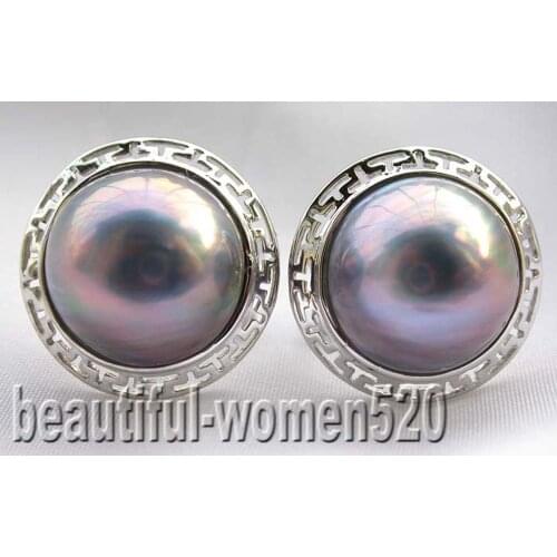 P7766 White Blue Pink 20mm South Sea Mabe Pearl Swastika Earring Sterling-Silver 14KT