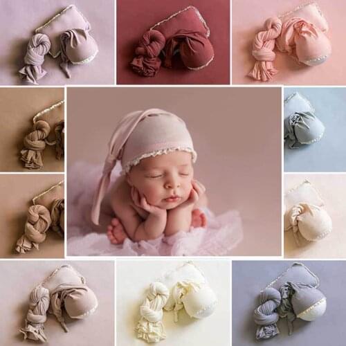 Newborn Baby Photography Wraps Soft Stretch Swaddle Lacy Pillow Hat Infant Photo Props Accessories Shoot Studio Costumes