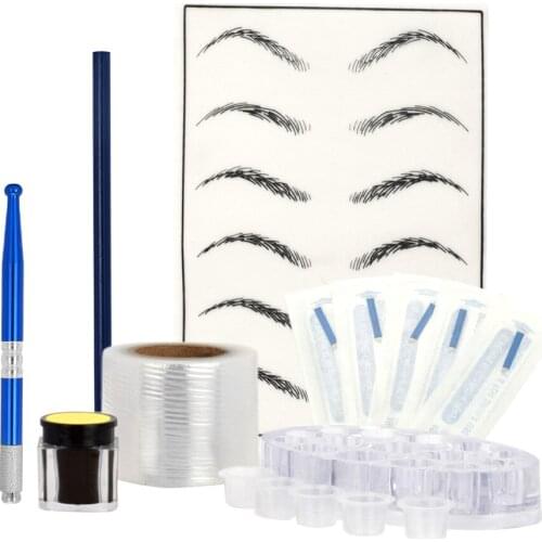 Permanent Makeup Eyebrow Set Needles Tattoo Pencil Pen Practice Skin Pigment Cup Holder Preservative Film