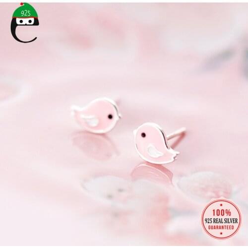 ElfoPlataSi 100% 925 Soild Sterling Silver Women Pink Birds 8mmX6mm Stud Earrings Gift For Teen School Girls Kids XY616