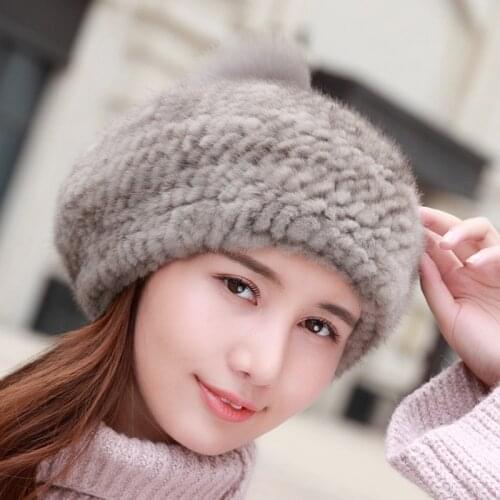 Lantafe Winter Hat Womans Hat Mink Fur Hats Natural Color With Real Fox Fur Ball Weaving Craft Winter Warm Ear Protection