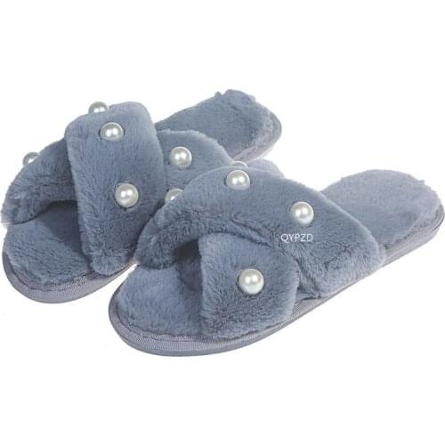 Womens Slippers Plush Slippers Women 2021 Autumn and Winter Cross Home Pearl Decoration Sewing Thread Plush Slippers Women
