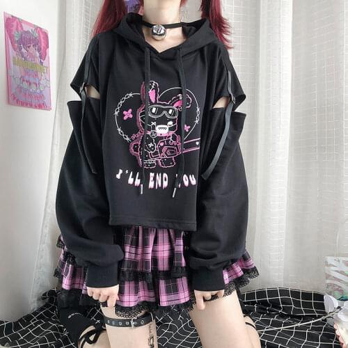 Anime Hooded Sweatshirts 2021 Autumn Streetwear Women Fashion Belt Buckle Long Sleeve Top MINGLIUSILI Rabbit Print Hoodies