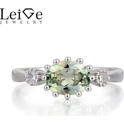 Leige Jewelry Anniversary Ring Natural Green Amethyst Ring Oval Cut Green Gemstone 925 Sterling Silver Ring Three Stones Ring