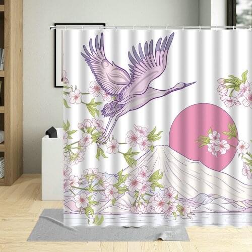 Japanese Traditional Style Shower Curtain Crane Retro Bird Storks Sakura Pattern Home Decor Screens Bathroom Curtains With Hooks