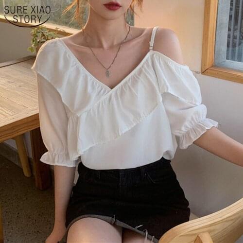 2021 New Korean Chic Solid Color Women Shirt Ruffled Simple Short-sleeved Chiffon Blouse Elegant Asymmetry Top Female 14611