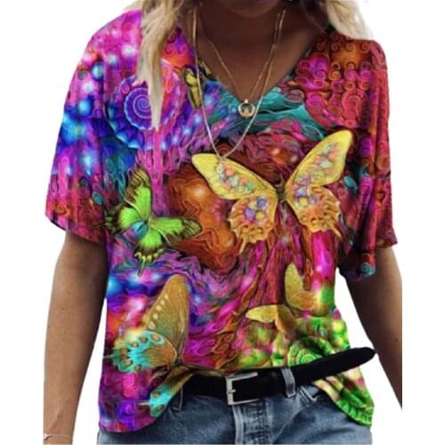 Casual Streetwear Fashion V-Neck Loose Ladies T Shirt Summer Half Sleeve Women Butterfly 3D Print Tops Plus Size Cotton T Shirt