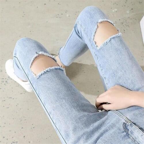 2021 Summer Knee Hole High-Waist Stretch-Leg Jeans Thin Section Moda Coreana Calça Jeans Feminina Pantalones Grande Taille Femme