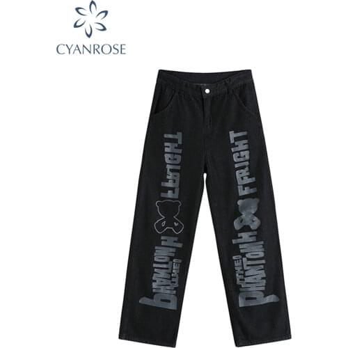 2021 New Spring Casual Vintage Jeans Woman High Waist Harajuku Long Trousers Cowboy Female Loose Streetwear Graffiti Print Pants