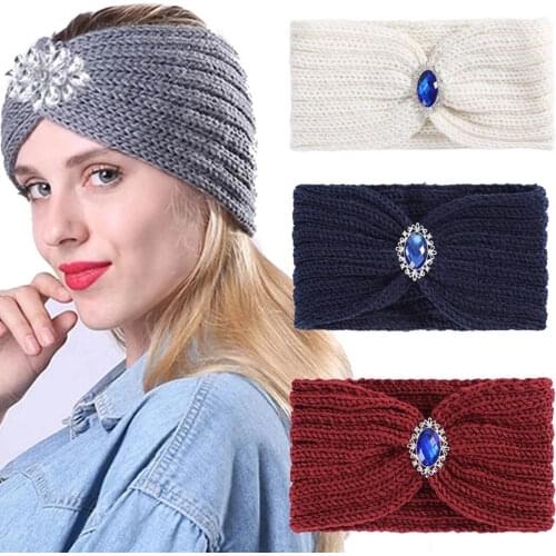 Women Knitting Turban Headbands Elastic Headwear Head Wrap Girls Solid Color Hair Bands Fashion Rhinestone Hair Accessories