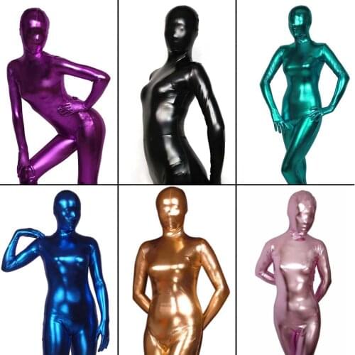 Womens Shiny Liquid Metallic Wet Look Bodysuit Skin Tight Spandex Full Body Zentai Suit Unitard Costume for Adult Unisex