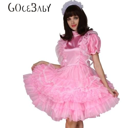 Sissy Forced Maid Satin Pink Lockable Dress Costume Uniform Crossdress Cosplay Costume