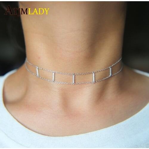 Christmas gift guarantee 925 sterling silver double dainty delicate chain choker micro pave cz bar girl women choker necklace
