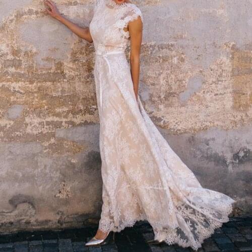 2021 Vintage Champagne Lace Bohemian Wedding Dress A Line Cap Sleeve Sexy Backless Bridal Gown Vestidos de Novia