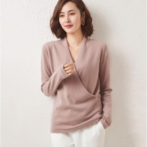 100% Cashmere Sweaters winter Cross V-neck Slim Solid Office Lady Jumpers Open Stitch Long Sleeve Pullovers Soft Girl Knit Tops