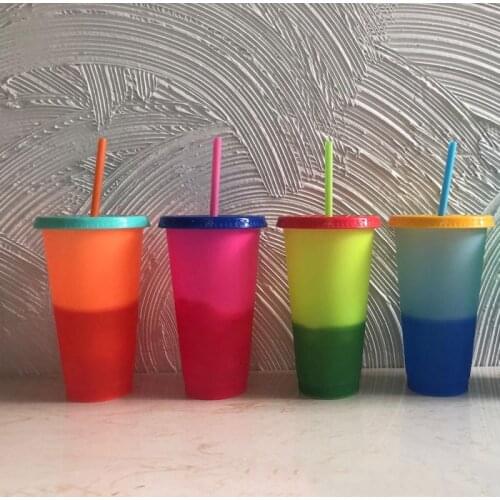 Hot 5Pcs Reusable Color Changing Cold Cups Summer Magic Plastic Coffee Mugs Water Bottles With Straws Set For Family Friend