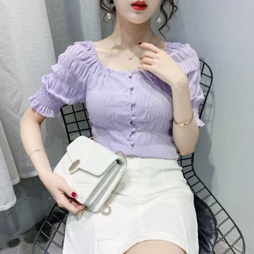 Blouse Women Puff Sleeve Short Sleeve Chiffon Shirt Woman Square-Neck Top for Women Blusas Ropa De Mujer