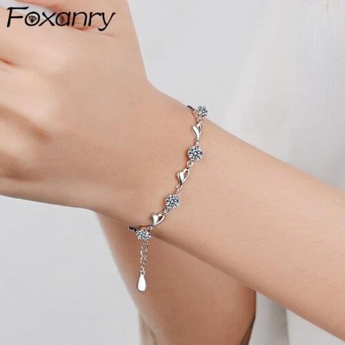 FOXANRY 925 Sterling Silver Bracelets for Women New Trendy Elegant Charming LOVE Heart Sparkling Zircon Bride Jewelry Wholesale