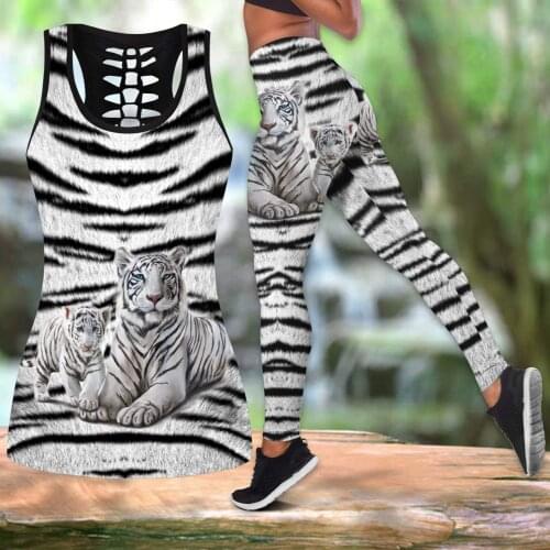 White Tiger Mom And Son 3D Printed Hollow Tank Top & Leggings Set Fitness Female Full Length Leggings Running Pants DDK58