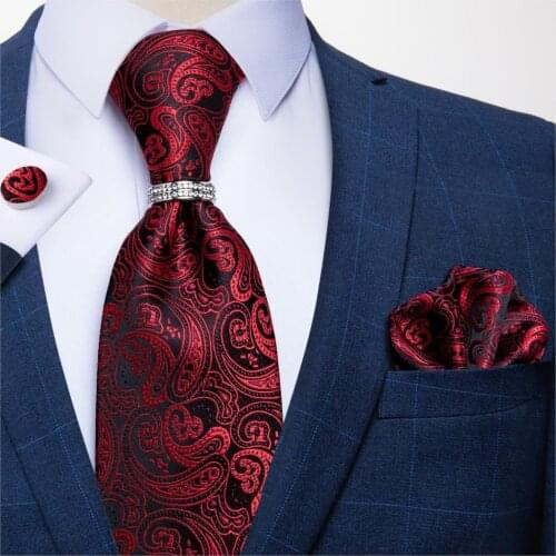 DiBanGu 8.5cm Red Paisley Striped Men Silk Tie Formal Wear Business Suit Wedding Party Luxury Necktie Hanky Set For Men Tie Gift