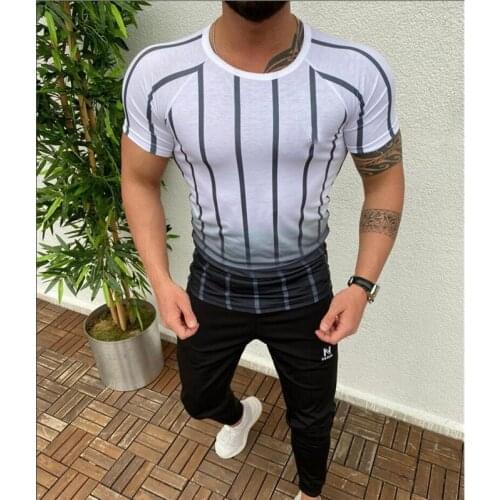 New Mens Quick-drying Clothes Vertical Stripes Contrast Color Gradient Casual Sports Loose Fitness Short-sleeved T-shirt
