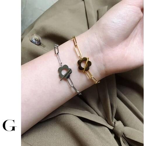 GHIDBK Hot Sale 2020 New Arrivals Bangles Minimalist Stainless Steel Flower O Chain Bracelets with OT Clasp Gold Color Bracelet