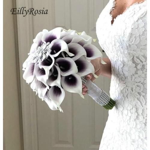 Gradient White Purple Cala Liles Bridal Bouquet Brooch Sequined Silk Ribbon Elegant Wedding Bouquet High End Artificial Flowers