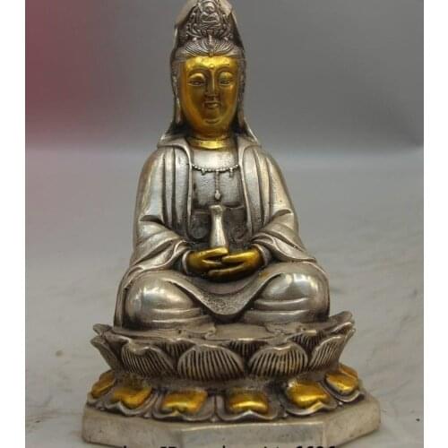 China White Copper Silver Lotus seat Kwan-yin Guanyin Bodhidattva Buddha Statue