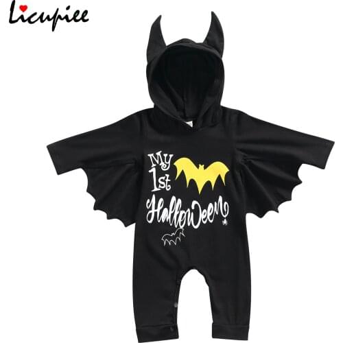 0-18 Months Hooded Halloween Bodysuits Baby My First Halloween Costume, Long Sleeve Letter Print 1 Piece Bat Hooded Jumpsuit